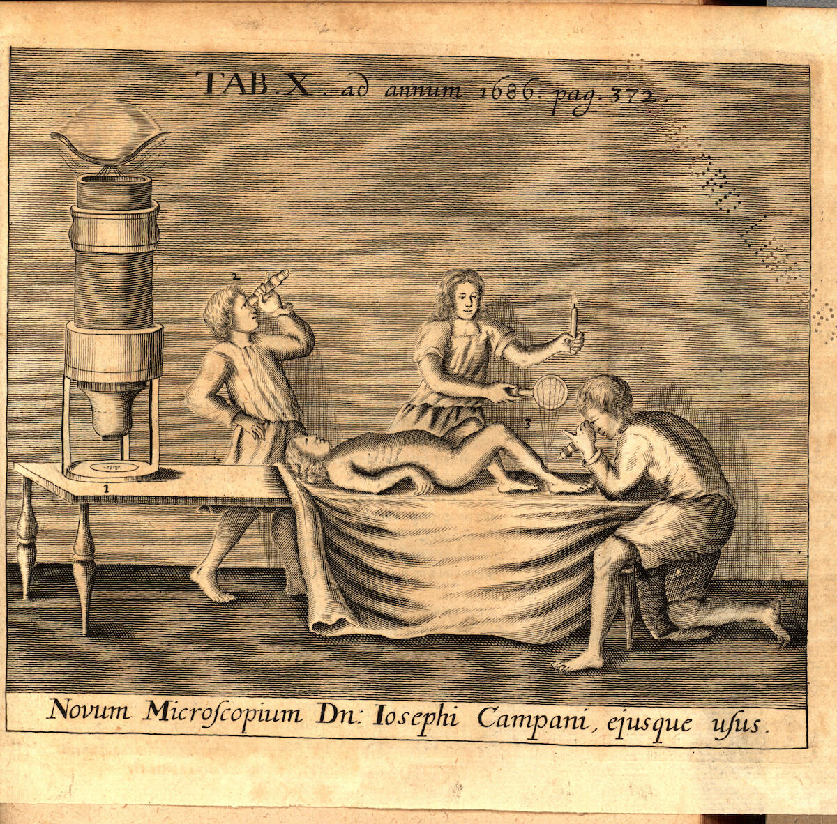 An engraving of three men using different-sized microscopes to examine a human body on a table