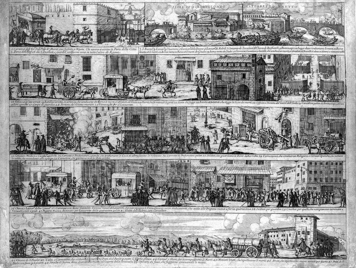 Engraving showing scenes of Rome during the plague quarantine
