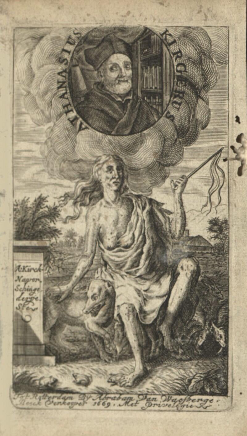 Engraving of Kircher in a cloud, hovering over a person with plague, flagellating themselves with a whip and sitting next to a dog