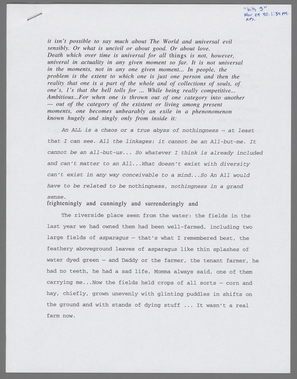 A typescript page, with "bits 3" and the date and time handwritten in blue pen.