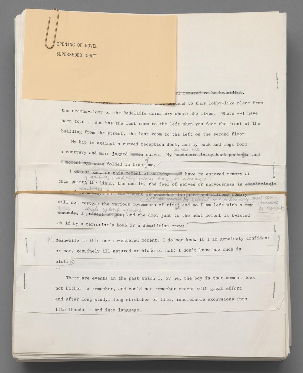 Typescript of A Party of Animals held together with rubber band and with a paper-clipped index card that reads OPENING OF NOVEL; SUPERSEDED DRAFT