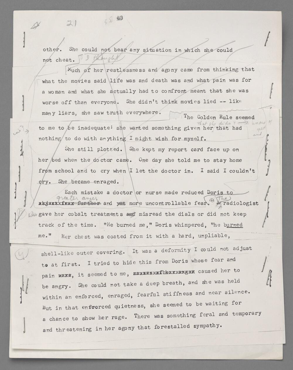 A page of Brodkey's typescript, heavily annotated in pencil and with multiple staples along the left and right margins.