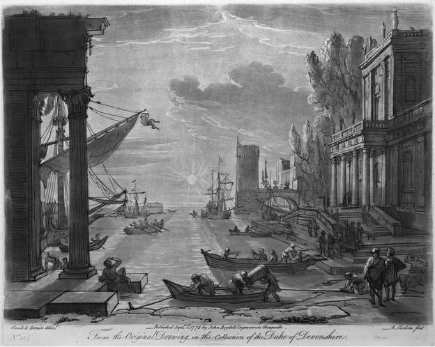 Small boats bob in harbor with men rowing and looking at large ship sailing away.