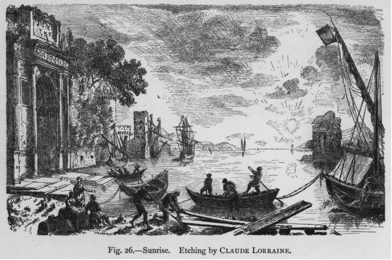 Men work on boats in a harbor with the sun rising in the distance