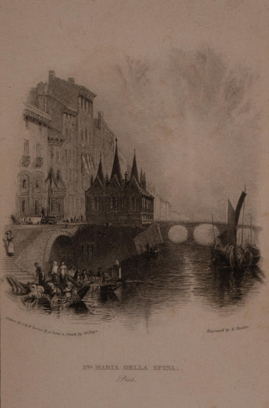 A church behind a bridge with boats bobbing on a river