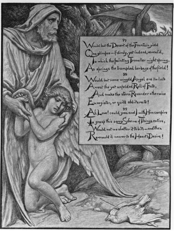 An old man and angel look down at the body of a dead bird