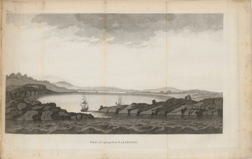 Engraved illustration of a bay with a ship sailing out