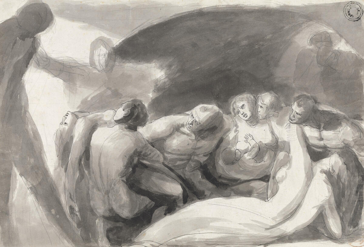 Several shadowy figures lie in agony as a concerned man (John Howard) kneels among them.