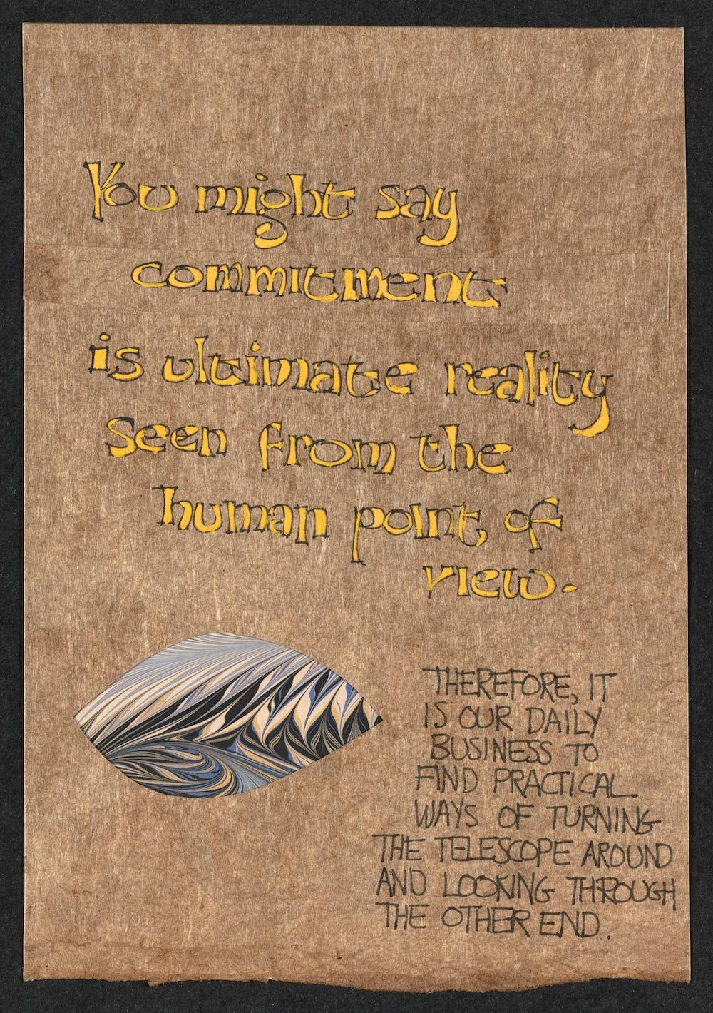 Text of "Aphorisms" on brown paper with marble paper cut-out.