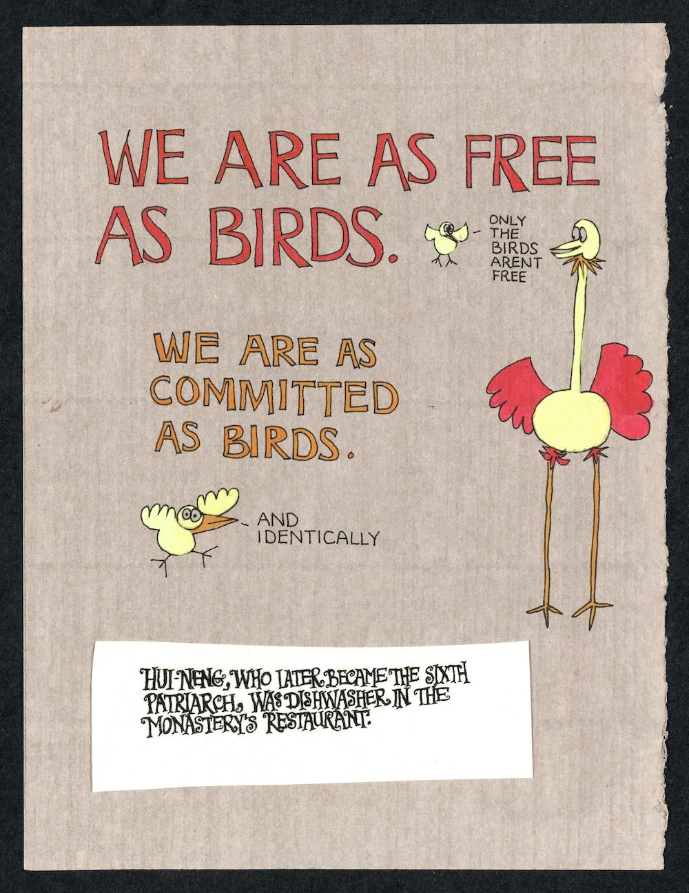 Text from John Cage's Lecture on Commitment with cartoon drawings of three birds