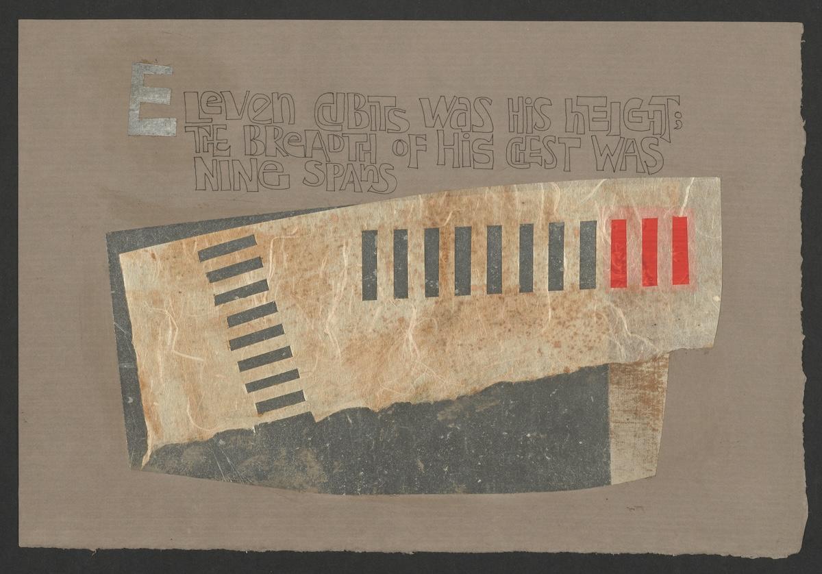 Text from The Epic of Gilgamesh on brown paper with black and red paper accents