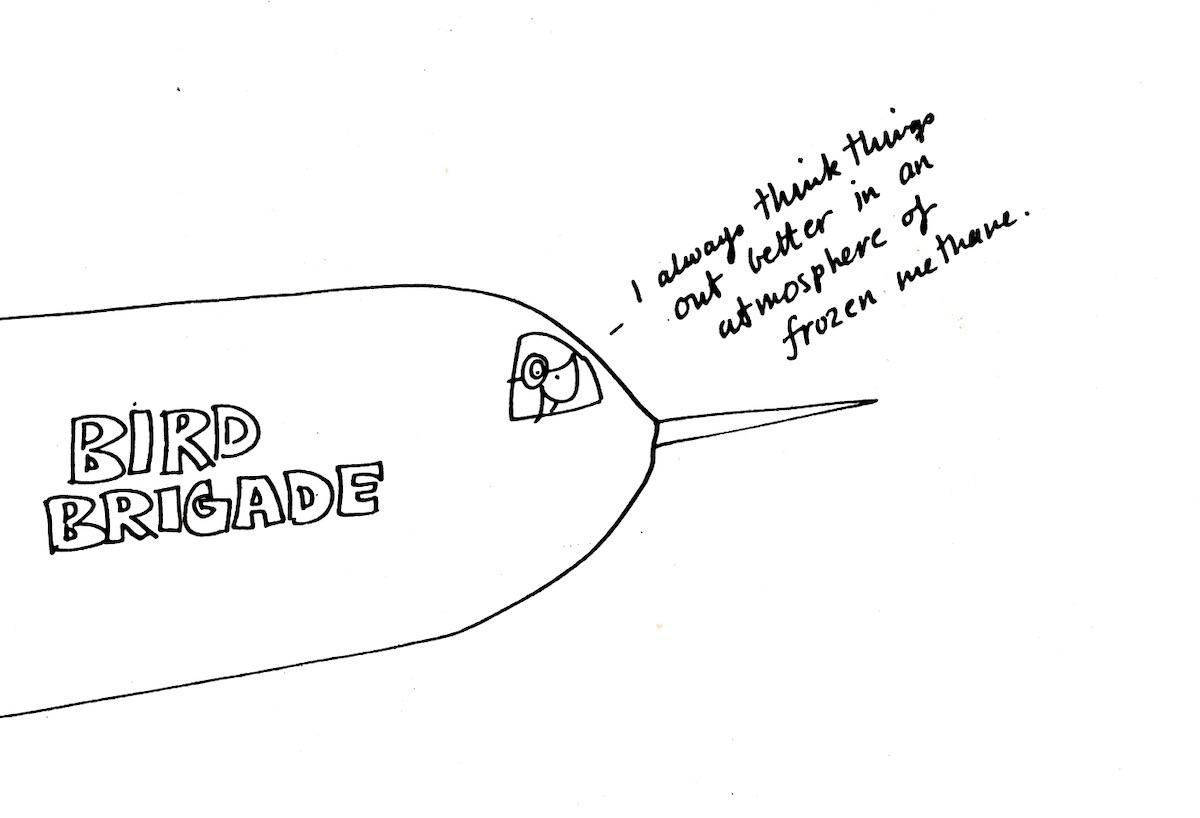 A duck piloting a rocket ship says in a text bubble, “I always think things out better in an atmosphere of frozen methane.”