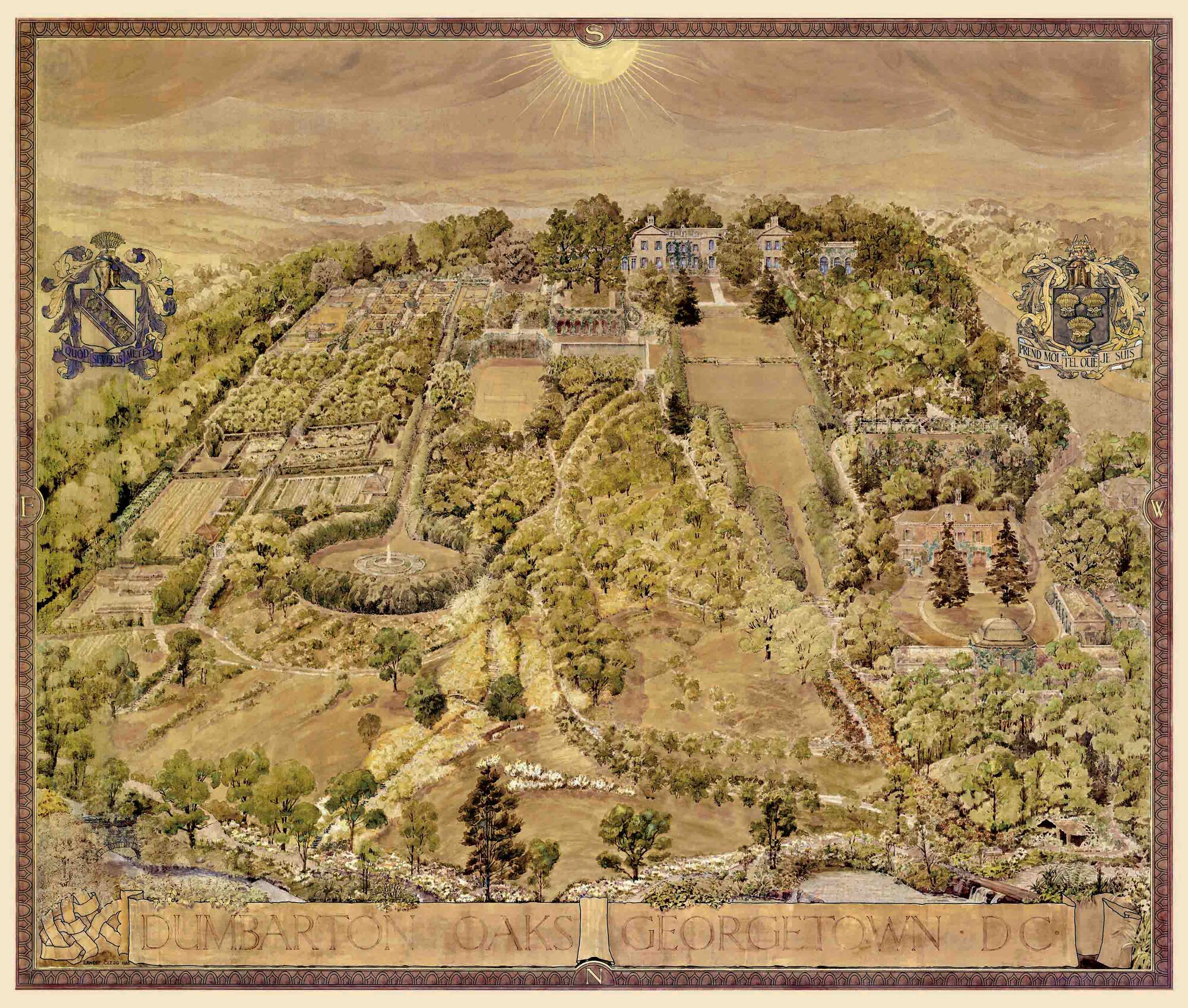 A color, hand-drawn map of the Dumbarton Oaks Garden.