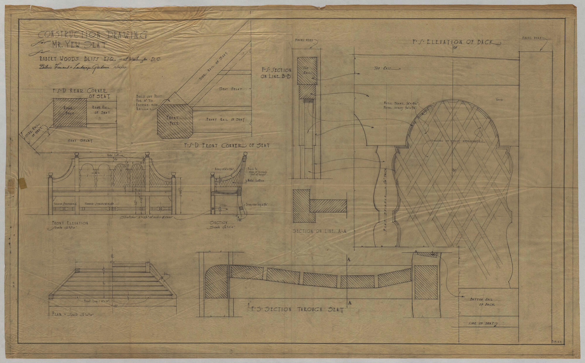 Construction drawing for a garden bench