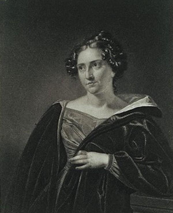 A portrait of Catharine Maria Sedgwick wearing a velvet dress and resting her elbow on a pillar.