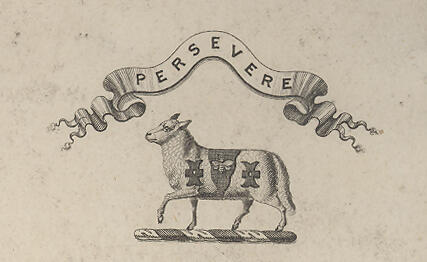 A sheep with its left foreleg raised, below a banner with the inscription "PERSEVERE."